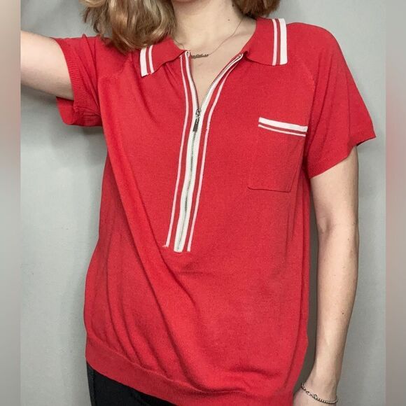 Red Collared Quarter Zip Lightweight Sweater - Picture 3 of 9